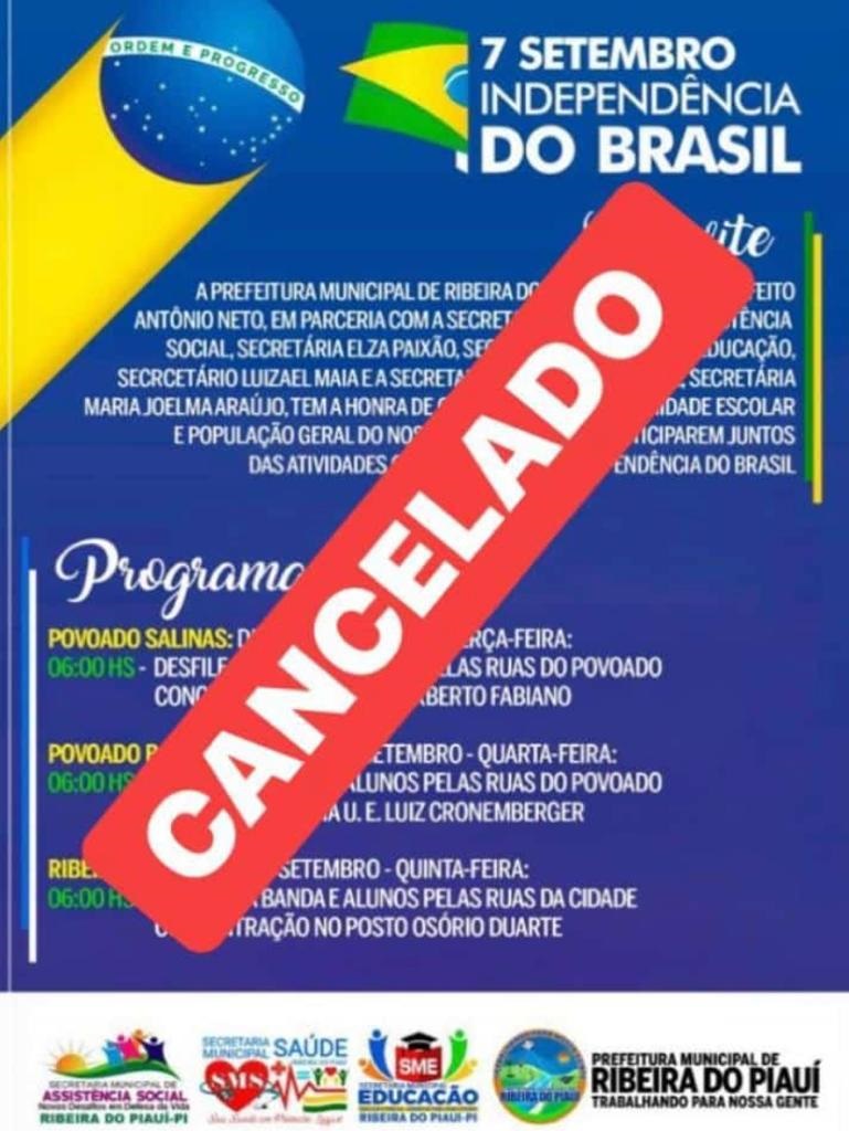  Pref Mun de Ribeira do Pi informa a todos que as Comemorações 07 de Setembro 2023  foi Cancelado .