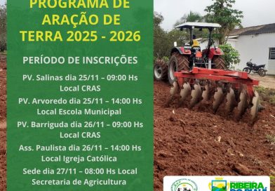 PREFEITURA DE RIBEIRA DO PIAUÍ DIVULGA CALENDÁRIO DE INSCRIÇÕES DO PROGRAMA DE ARAÇÃO E TERRA E ENTREGA DE BOLETOS DO GARANTIA SAFRA 2025/2026